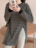 Pure Cotton Large Striped Long-Sleeved T-Shirt Women's Bottoming Shirt In Autumn And Winter With A Long Blouse Loose Belly Cover