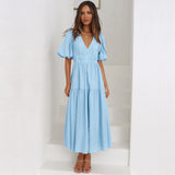 Hot New Summer High Feeling Deep V Bubble Sleeve Holiday Dress Fashion Women's Dress