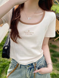 Positive Shoulder Collar Short-Sleeved T-Shirt Girls Summer Slim Skinny Collared Short Fish Bone Cotton Tops In Casual Match