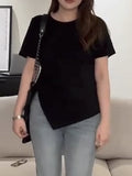 Irregular Opening Fork Straight Shoulder Short-Sleeved Women's T-Shirt Summer Large-Size Fat Mm Cover Big Thin Loose Design Top