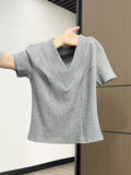 White V-Neck Collar Collar Collar Clavicle Front Shoulder Design Feel Short-Sleeved T-Shirt For Women's 2026 Summer Fish Bones With Thin Skinny Blouse