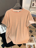 2025 New Summer Striped Short-Sleeved T-Shirt Girl Chic Loose Korean Version Of The Right Shoulder Reduction Body Blouse Ins