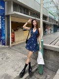 French Retro V-Neck Vest Dress Women's Summer Temperament Tibetan Blue Long Dress Niche Skinny A-Shaped Skirt