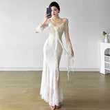 2025 French Three-Dimensional Flowers With Long-Sleeved Dress Dress Women Pure Lust Lace To The Waist Of Thin Fish Tail Long Dress