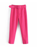 New Casual Pants Slender Slim Slim Belt Decorated Solid Color Straight Sue Nine-Point Pants