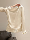 Beautiful Fake Two Lace Splicing Hem Long-Sleeved T-Shirt Girl Spring Folds To Pick Up Thin Inside The Top