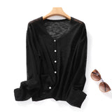 Bing Hemp Sunscreen Woman V-Neck Knitted Cardigan Thin Bamboo Thong Jacket Summer Loose Lazy Outside Air Conditioning Shirt