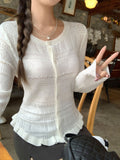 White Round Collar Hook Hollow Long-Sleeved Knitted Cardigan 2026 Autumn New Slim Thin Top