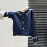 Tibetan Blue Bow Knitted Cardigan Thick Sweater Coat Woman In Autumn And Winter 2025 Loose Lazy Wind Top