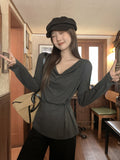 Gray Lazy Wind Folds And Shoulders Collar Loose Solid Long-Sleeved T-Shirt New Korean Version Of Autumn Women's Top