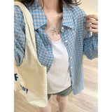 Small Fresh Blue Plaid Long-Sleeved Shirt Women Spring And Autumn New Design Sense Loose Thin Lazy Shirt Top