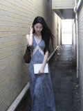 French Lace Splicing V-Neck Blue Floral Vest Dress Female Summer Temperament Seaside Beach Dress
