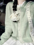 Green Lace Design Knitted Sweater Cardigan Women 2025 New Spring And Autumn Literature Retro Lazy Coat Top
