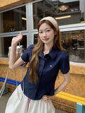 Summer Ootd Wears College Wind Bow Embroidered Polo Collar Short-Sleeved Shirt Women 2025 New Beautiful Top