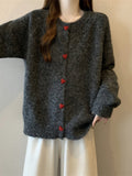 Red Love Buckle Gray Knitted Cardigan Sweater Coat Women Autumn New Large-Size Fat Mm Korean Chic Top