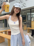 Korean Pure Sweet And Spicy Embroidered Flowers Spliced Sling Vest Women's Summer New Sleeveless Hanging Neck Top