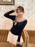 French Bow Tie With Slanted Shoulder Long-Sleeved T-Shirt For Women's Early Autumn Small Body Slim Slime Top