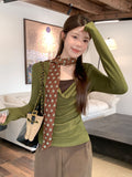 Green Fake Two Sweet Hot Girls Slanted Shoulder Collar Slimming On The Shoulder Long-Sleeved T-Shirt Girl Autumn Bottom Shirt