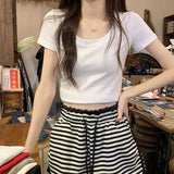 Wine Red White Thin Short Top Woman 2026 Summer New Cotton Shoulder Cover Meat Short Sleeve Bottom T-Shirt