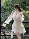 Hanging Neck Fairy Gas Rice White Long-Sleeved Dress Women Spring And Autumn Small Pure Lust High-End Cake Skirt Skirt Short Skirt