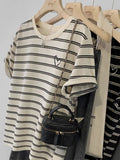 Crash Striped Short-Sleeved T-Shirt Women 2025 New Summer Loose Visky Retro Embroidery Top