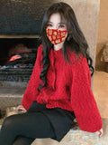 Korean Vintage Soft Gring Flower Red Sweater Women's Winter High Sense New Year Thick Short Knitted Open Shirt