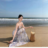 Holiday Wind Chopped Fresh Mesh Hanging Neck Slings Long Skirt Folded Back Dress 2025 New Dress