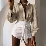 Dili Casual Holiday Fashion Hollow Long Sleeve Open Shirt Women's Clothing 2025 Autumn And Winter