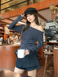 Small Hit-Colored Striped Hottie Closes Waist Long-Sleeved T-Shirt Girl 2026 Autumn Korean Slanted Folded Bottom Top