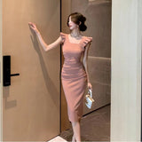 Flying Sleeve Dress Women's Spring 2025 New French Small Square Leads To Skinny And Medium-Sized Fork Dresses