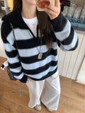 Korean Collar Stripe Splicing Color Knitted Shirt Women 2026 Early Autumn Loose Lazy Wind Jacket Sweater Jacket