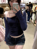Pure Cotton Oblique Shoulder Collar Long-Sleeved T-Shirt Girl Early Autumn Sweet Hot Girl Folded Waist Short Hidden Blue White Top