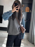 Grey Sweater Female Spring And Autumn Cowboy Sleeve Spliced Top Lady 2025 New Burst Cover Fake Two Knitwear