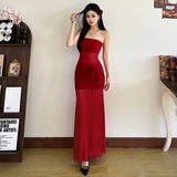 Bright Roses Sexy Perspective Braided Red Dress Femininity Slim Slimy Ass Long Dress