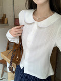 White Doll Collar Long-Sleeved T-Shirt Women's Bottom Shirt 2026 Autumn Collar Cardigan Design Repair On The Body