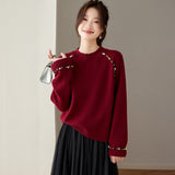 Red Sweater Women's Jacket Short Nail Beaded Bottom Shirt Loose Lazy Commuting Coat With 2025 Autumn And Winter Clothing