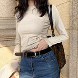 Milk White Gray Collar Shoulder Long Sleeves Solid-Colored T-Shirt Women's Early Autumn New Bottom Shirt Top
