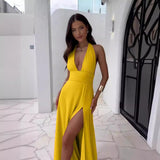 2025 Women's Temperament Hanging Neck V Collar Long Money To Collect Waist Long Dress Sexy Sleeveless Dark V Solid Color Dress