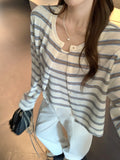 Blue And White Stripes Spliced Colliding Color Knitted Long-Sleeved Cardigan Women 2026 Early Autumn New Loose Feeling Loose Shoulder Coat