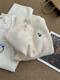 Gentle Retro Kitten Embroidered Round Collar Knitted Cardigan Girl Warm White Klein Blue Sweater Jacket Autumn