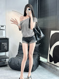 Pure Cotton Oblique Shoulder Design Small Babes Short-Sleeved T-Shirt Girls Summer Loose Lazy Wind Casual Shoulder Coat