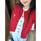 Christmas Red Wear Fake Two Bows Long Sleeves Bottom Knitted Cardigan Women In Autumn And Winter Round Collar Repair Body