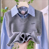 Fake Two Striped Splicing Knitted Long-Sleeved Shirt Women's Spring New Leisure College Style Stacked Clothes