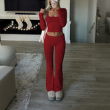 Dili 2025 Autumn And Winter Pure Color Casual Knitted Long-Sleeved Top Yoga Suit Two Pants Set