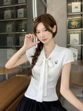 Beautiful College Style Wearing V-Neck Tying Butterfly Embroidered Shoulder Short-Sleeved T-Shirt For Women's Summer New Body Repair Small Top