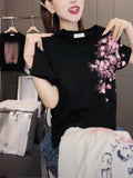 Large-Size Ocean Gas Print Round-Neck Short-Sleeved T-Shirts For Women's Summer Micro-Fat MM Slim Slimming Fashion Casual Blouse