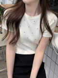 Round Neck Wave Point Short-Sleeved Knitted T-Shirt Girl New Summer Shoulder High-End Small Incense Half-Sleeved Top 2025 Explosion