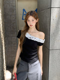Korean Slanted Shoulder-To-Shoulder Wooden Ear Design Sense Short-Sleeved T-Shirt Women 2026 Summer New Slim Slim Top