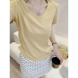 Milk Yellow White Sweet Hottie Low-Necked Short-Sleeved Woman Shoulder T-Shirt Summer Design Folds To Receive Collarbone Top