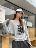 Lazy White Puppy Prints Oblique Shoulder Long-Sleeved T-Shirt Girl 2026 Early Autumn Side-To-Shoulder Relaxation Top